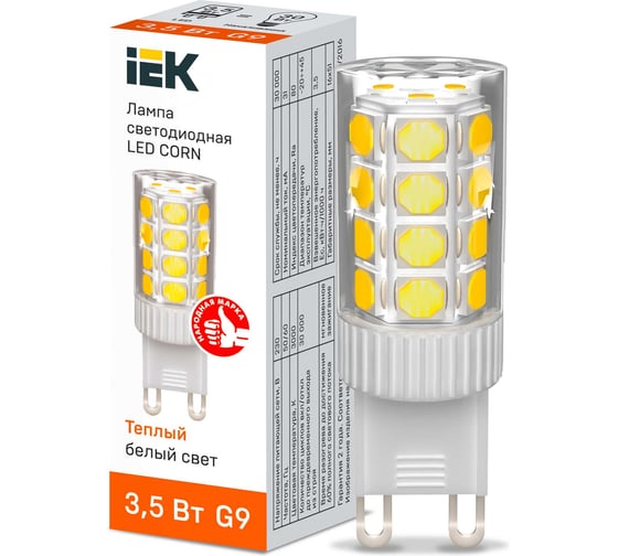 Светодиодная лампа IEK corn капсула 3,5вт 230в 3000к керамика g9 LLE-CORN-4-230-30-G9 1