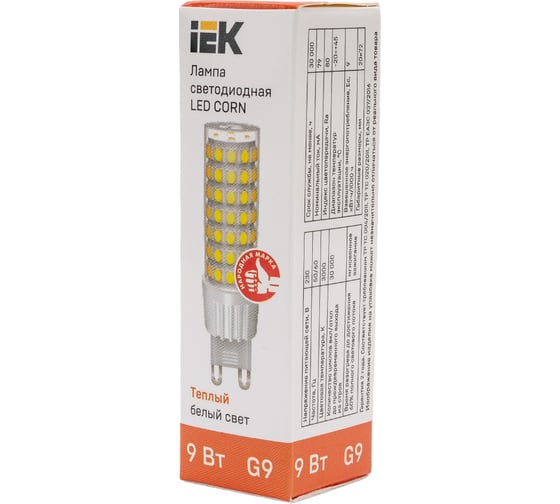 Светодиодная лампа IEK corn капсула 9вт 230в 3000к керамика g9 LLE-CORN-9-230-30-G9