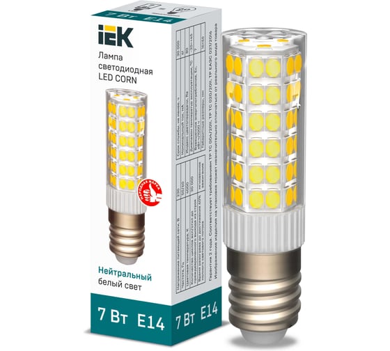 Светодиодная лампа IEK corn капсула 7вт 230в 4000к керамика e14 LLE-CORN-7-230-40-E14 1