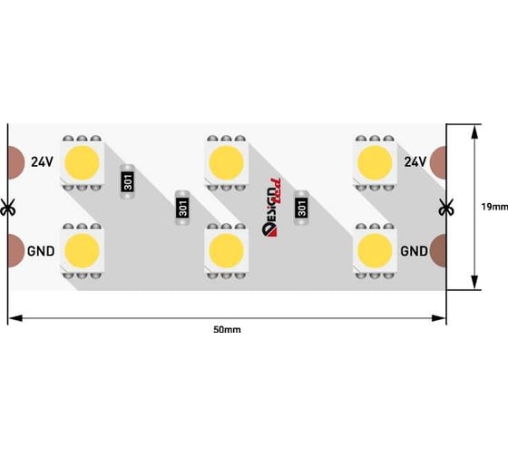 Светодиодная лента DesignLed 2x DSG 5050 NW 120L-V24-IP33, 4000 K, 600 LED, 28,8W/m, LUX DSG5120-24-NW-33
