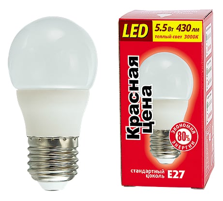 Светодиодная лампа P45 5.5W E27 3000K 430лм шар матовый КРАСНАЯ ЦЕНА 4606400615927