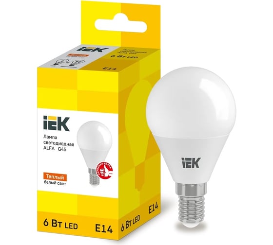 Светодиодная лампа IEK alfa g45 шар 6вт 230в 3000к e14 LLA-G45-6-230-30-E14