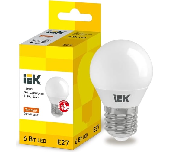 Светодиодная лампа IEK alfa g45 шар 6вт 230в 3000к e27 LLA-G45-6-230-30-E27 1