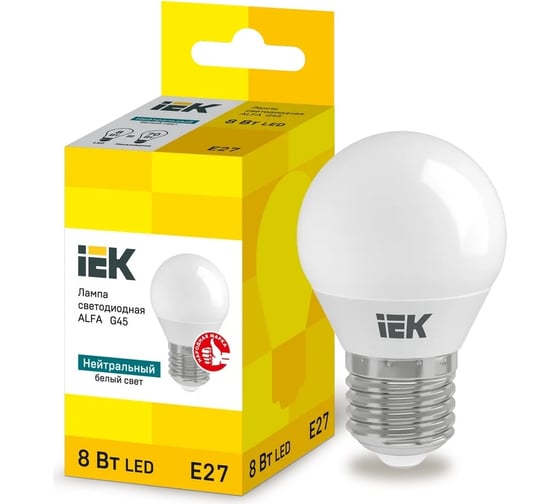 Светодиодная лампа IEK alfa g45 шар 8вт 230в 4000к e27 LLA-G45-8-230-40-E27 1