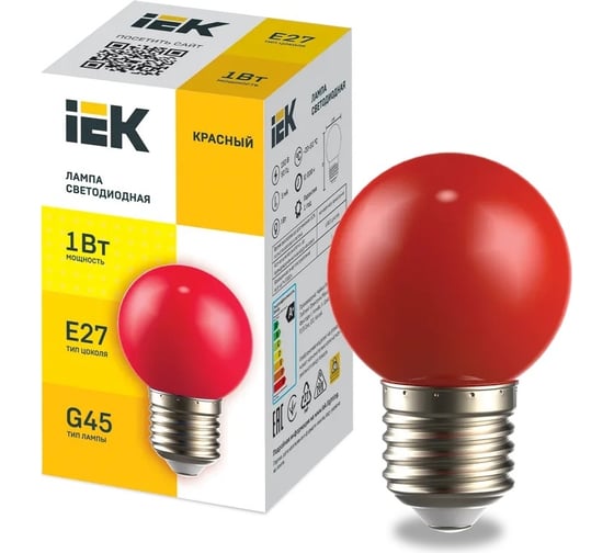 Светодиодная декоративная лампа IEK Lighting g45 шар 1вт 230в красный e27 LLE-G45-1-230-R-E27