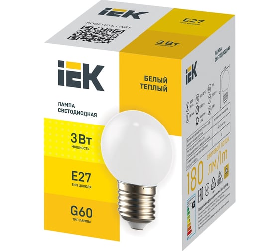 Светодиодная декоративная лампа IEK Lighting g60 шар 3вт 230в теплый белый e27 LLE-G60-3-230-WW-E27