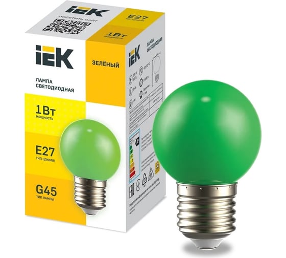 Светодиодная декоративная лампа IEK Lighting g45 шар 1вт 230в зеленый e27 LLE-G45-1-230-G-E27