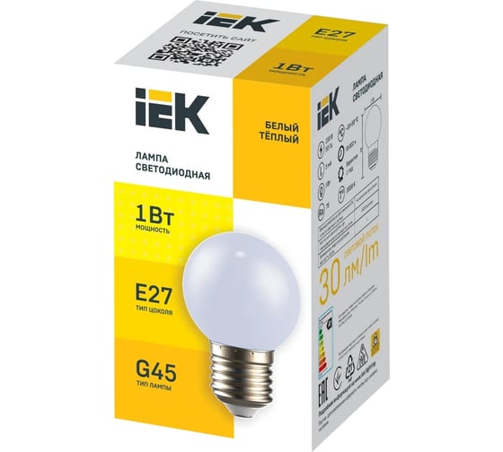 Светодиодная декоративная лампа IEK Lighting g45 шар 1вт 230в теплый белый e27 LLE-G45-1-230-WW-E27