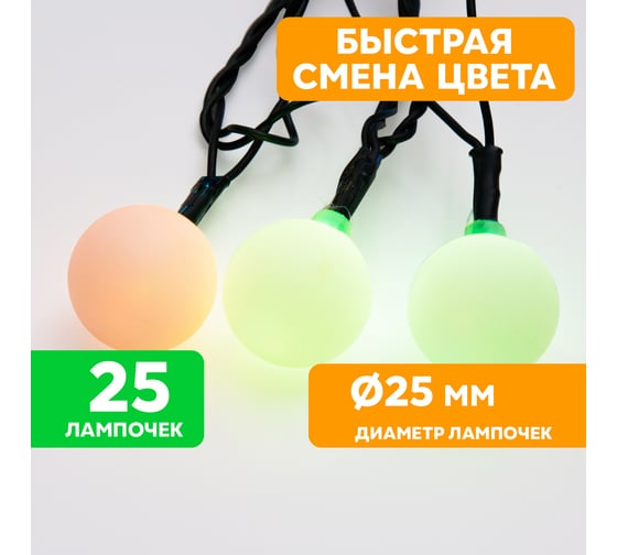 Гирлянда Neon-Night Мультишарики d=25мм, 5м, темно-зеленый ПВХ, 25LED RGB 303-559