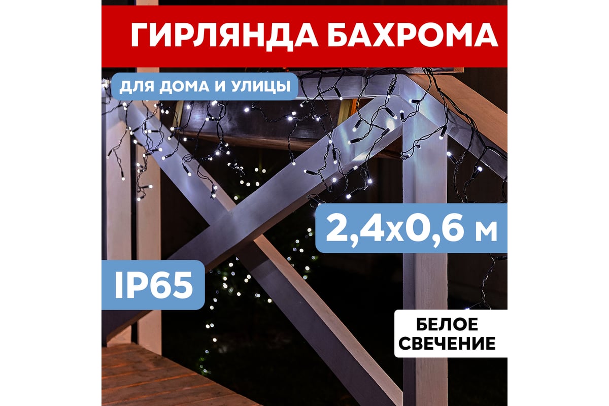 Гирлянда Neon-Night АЙСИКЛ бахрома, 2.4х0.6м, черный ПВХ, 88 LED БЕЛЫЕ  255-032 - выгодная цена, отзывы, характеристики, фото - купить в Москве и РФ