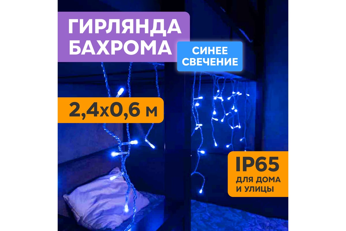 Гирлянда Neon-Night АЙСИКЛ бахрома, 2.4х0.6м, белый ПВХ, 76 LED СИНИЕ  255-033-6 - выгодная цена, отзывы, характеристики, фото - купить в Москве и  РФ