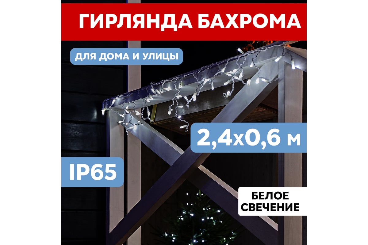 Гирлянда Neon-Night АЙСИКЛ бахрома, 2.4х0.6м, белый ПВХ, 76 LED БЕЛЫЕ  255-034-6 - выгодная цена, отзывы, характеристики, фото - купить в Москве и  РФ