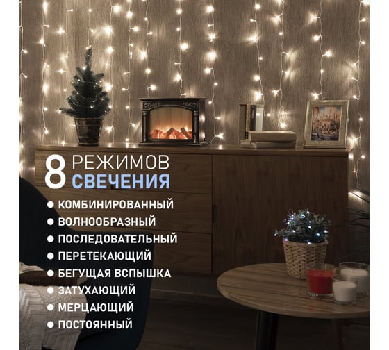 Гирлянда Neon-Night ДОЖДЬ занавес 1.5х1м, прозрачный ПВХ, 96 LED БЕЛЫЕ IP20 235-025
