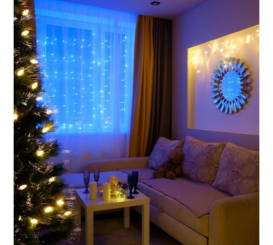 Гирлянда Neon-Night ДОЖДЬ занавес 1.5х1.5м, прозрачный ПВХ, 144 LED СИНИЕ IP20 235-033