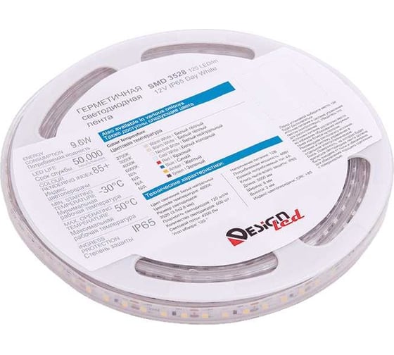 Светодиодная лента DesignLed DSG 3528 120L-V12-IP65, 4000K, 120 LED, 9.6 W/m, LUX DSG3120-12-NW-65