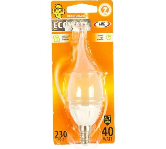 Светодиодная лампа ECOWATT BXS35 230В 4.7W 2700K E14 теплый белый свет свеча на ветру 4606400419310