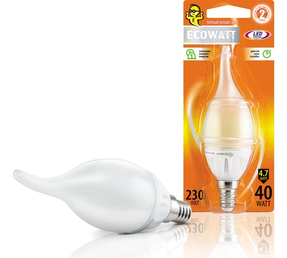 Светодиодная лампа ECOWATT BXS35 230В 4.7W 2700K E14 теплый белый свет свеча на ветру 4606400419310 1