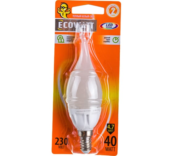 Светодиодная лампа ECOWATT BXS35 230В 4.7W 2700K E14 теплый белый свет свеча на ветру 4606400419310