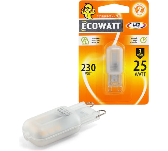 Светодиодная лампа ECOWATT G9 230В 3W 3000K G9 теплый белый свет капсульная прозр. 4606400206156 1
