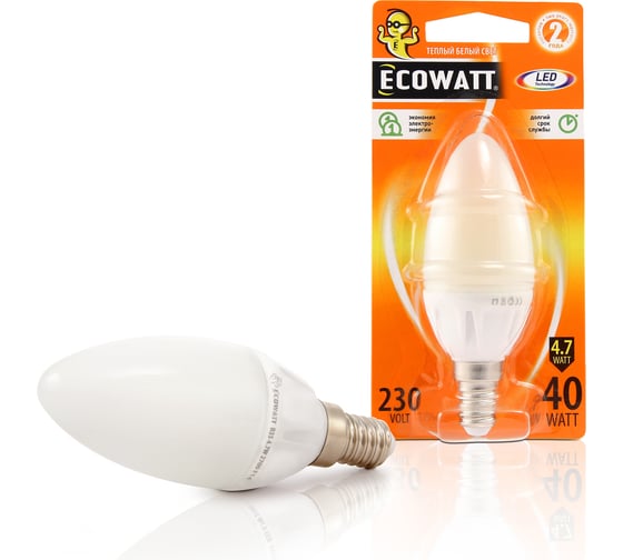 Светодиодная лампа ECOWATT B35 230В 4.7W 2700K E14 теплый белый свет, свеча 4606400613329 1