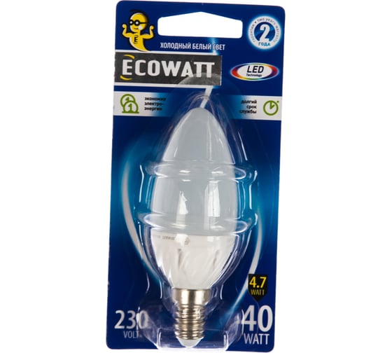 Светодиодная лампа ECOWATT B35 230В 4.7W 4000K E14 холодный белый свет, свеча 4606400613992