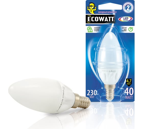 Светодиодная лампа ECOWATT B35 230В 4.7W 4000K E14 холодный белый свет, свеча 4606400613992 1