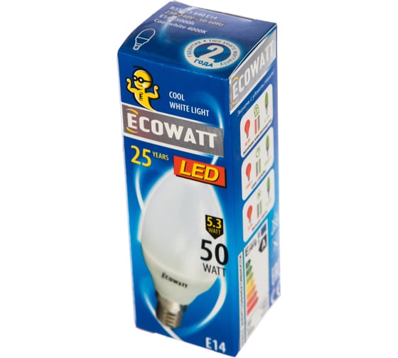 Светодиодная лампа ECOWATT B35 230В 5.3W 4000K E14 холодный белый свет свеча 4606400419334