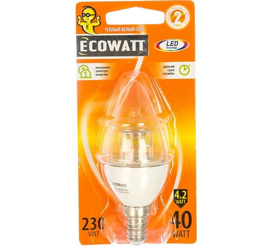 Светодиодная лампа ECOWATT B35 4.2W 2700K E14 CL 300 теплый белый свет свеча прозрачная 4606400419389