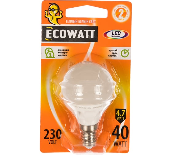 Светодиодная лампа ECOWATT P45 230В 4.7W 2700K E14 теплый белый свет, шарик 4606400613336