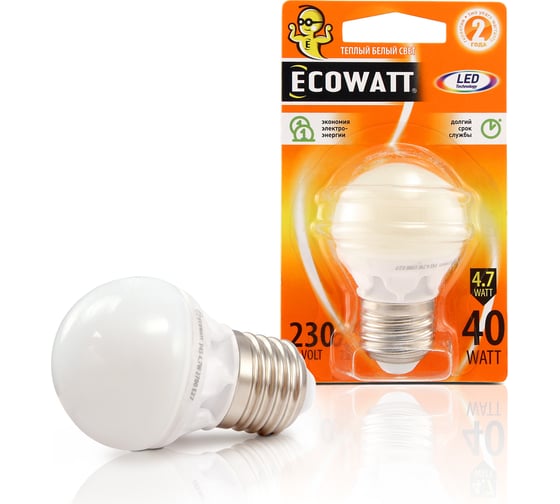 Светодиодная лампа ECOWATT P45 230В 4.7W 2700K E27 теплый белый свет, шарик 4606400613343 1