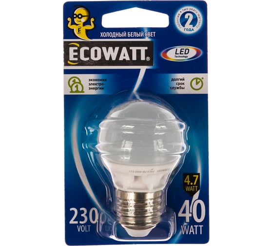 Светодиодная лампа ECOWATT P45 230В 4.7W 4000K E27 холодный белый свет, шарик 4606400613985 1