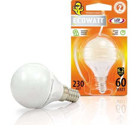 Светодиодная лампа ECOWATT P45 230В аналог 60W 2700K E14 теплый белый свет шарик 4606400419259