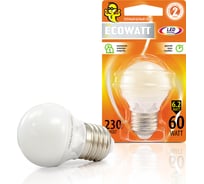 Светодиодная лампа ECOWATT P45 230В аналог 60W 2700K E27 теплый белый свет шарик 4606400419273