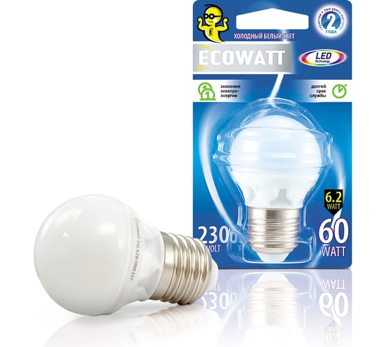 Светодиодная лампа ECOWATT P45 230В аналог 60W 4000K E27 холодный белый свет шарик 4606400419280
