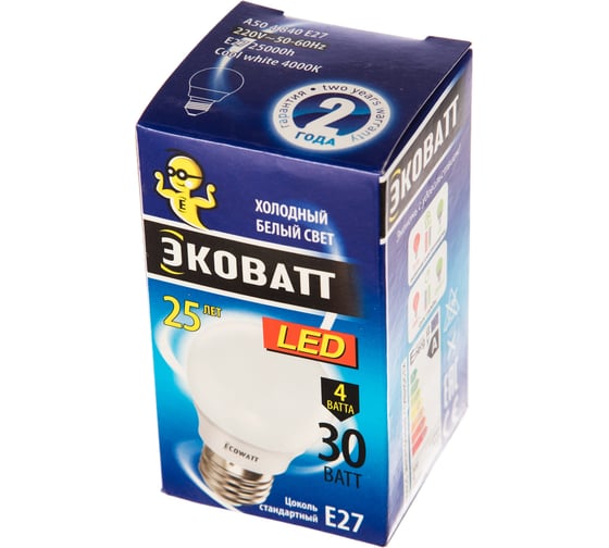 Светодиодная лампа ECOWATT A50 230В 4W 4000K E27 холодный белый свет 4606400614883