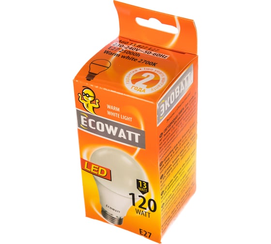 Светодиодная лампа ECOWATT A60 230В 13W 2700K E27 теплый белый свет груша 4606400616351