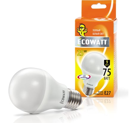 Светодиодная лампа ECOWATT A60 230В 9W 2700K E27 теплый белый свет груша 4606400614838