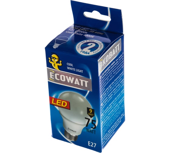 Светодиодная лампа ECOWATT A60 230В 9W 4000K E27 холодный белый свет груша 4606400614845