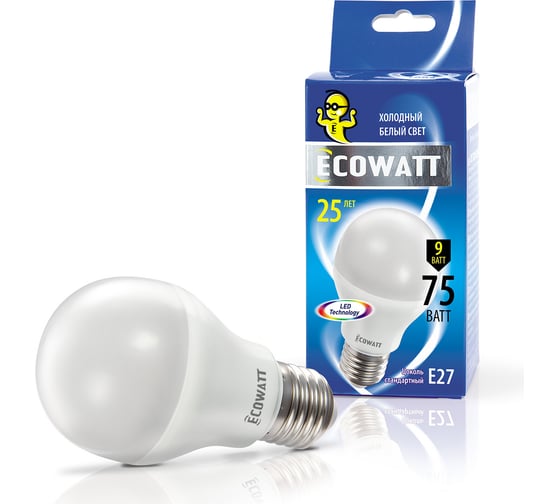 Светодиодная лампа ECOWATT A60 230В 9W 4000K E27 холодный белый свет груша 4606400614845 1