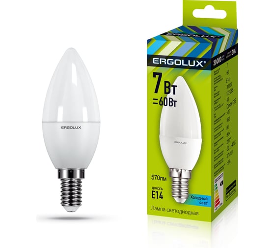 Светодиодная лампа Свеча Ergolux LED-C35-7W-E14-3K 7Вт E14 3000K 172-265В 12134