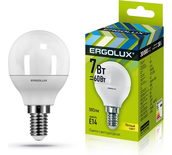 Светодиодная лампа Шар Ergolux LED-G45-7W-E14-3K 7Вт E14 3000K 172-265В 12142 1