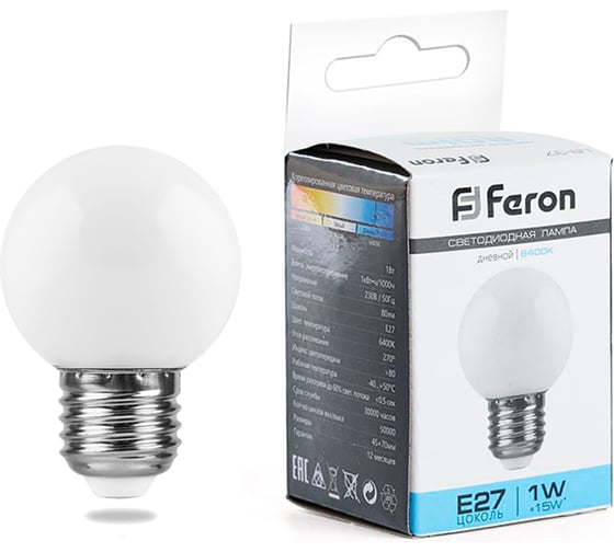 Светодиодная лампа FERON 1W 230V E27 6400K, LB-37 25115 1