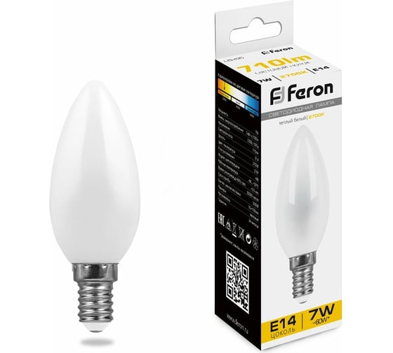 Светодиодная лампа FERON 7W 230V E14 2700K матовая, LB-66 25785