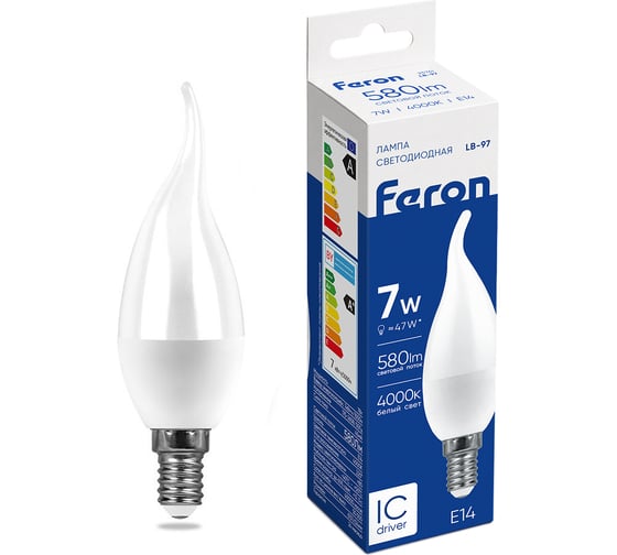 Светодиодная лампа FERON 7W 230V E14 4000K на ветру, LB-97 25761