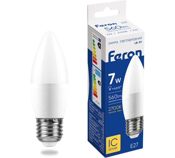 Светодиодная лампа FERON 7W 230V E27 2700K, LB-97 25758