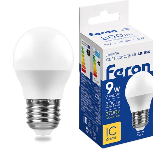 Светодиодная лампа FERON 9W 230V E27 2700K, LB-550 25804
