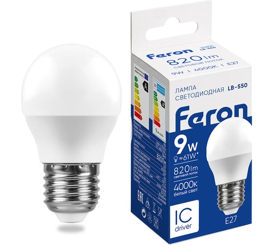 Светодиодная лампа FERON 9W 230V E27 4000K, LB-550 25805