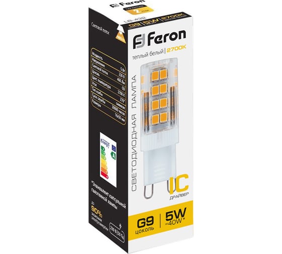Светодиодная лампа FERON 5W 230V G9 2700K, LB-432 25769