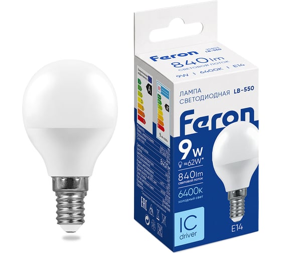 Светодиодная лампа FERON 9W 230V E14 6400K, LB-550 25803