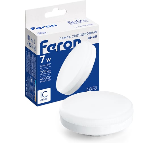 Светодиодная лампа FERON 7W 230V GX53 4000K, LB-451 25828